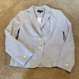 Talbots Cotton Blazer Jacket 2 Button White Blue Stripe Sz 2
